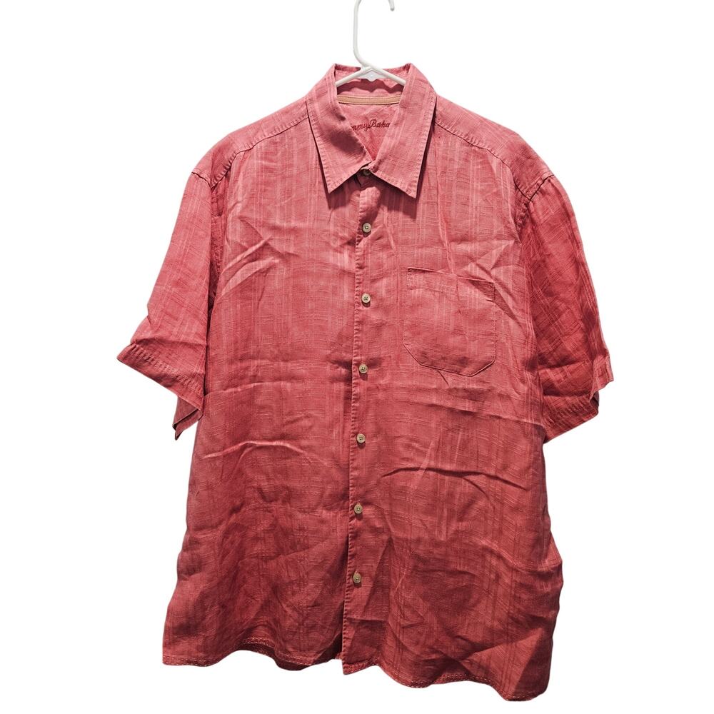 Tommy Bahama 100% Linen Button Front Shirt Coral Orange Short Sleeve XL